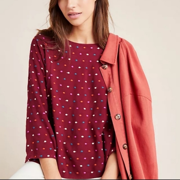 Anthropologie MAEVE Dottie Top Blouse Size (M) Burgundy Embroidered Polka Dot - Picture 3 of 7
